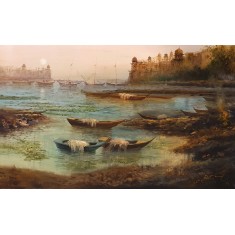 A. Q. Arif, 25 x 42 Inch, Oil on Canvas, Cityscape Painting, AC-AQ-605